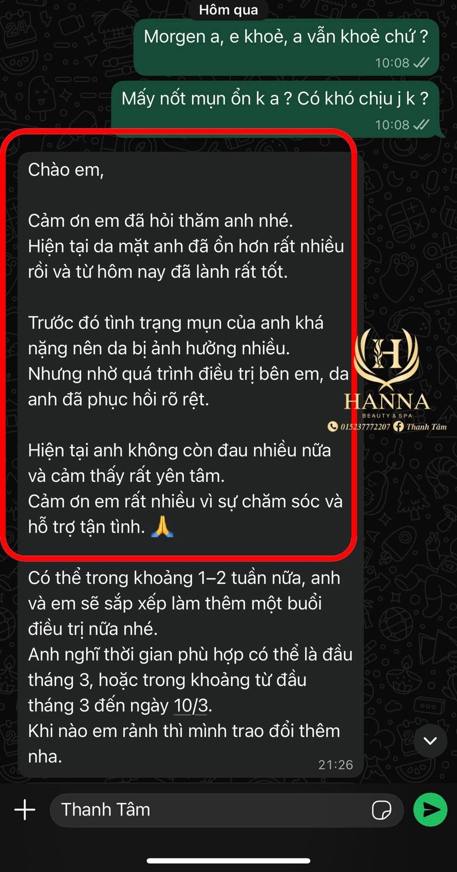 Tin nhắn khách nam: da mụn nặng đã phục hồi rõ rệt, không còn đau, cảm ơn sự chăm sóc tận tình