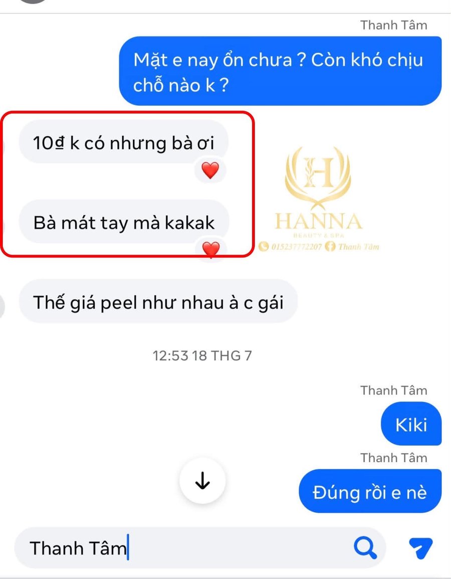 Khách nhắn sau peel: điểm 10 không có nhưng, chị mát tay